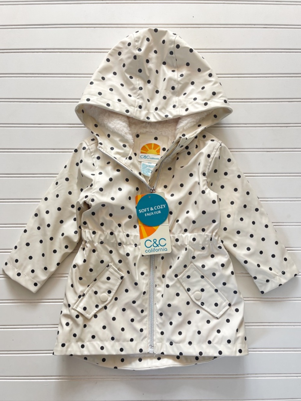 C&C CALIFORNIA NWT Polka Dot Faux Fur Lined Mid Weight Parka Style Raincoat